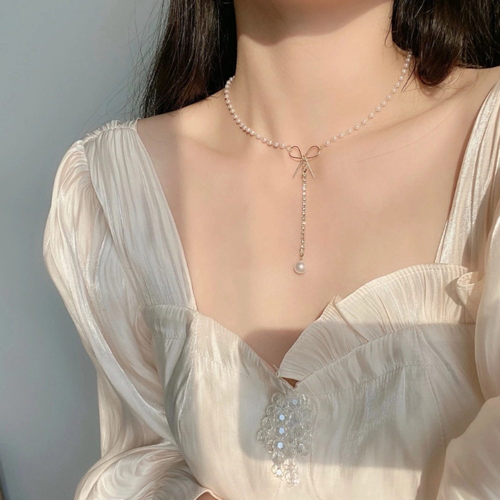 Bowknot Crystal Pendant Necklace Faux Pearl Gold Chain Elegant Jewelry NWT